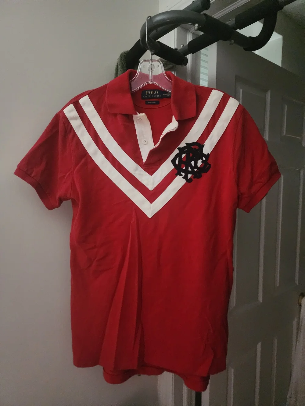 Ralph Lauren Red Polo with White V-Stripes and Black Crest